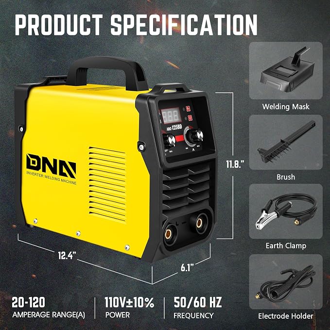 DNA Motoring 125A ARC Stick Welder, 110V Portable ARC MMA Welding Machine, IGBT Inverter with Digital Display, 60% Duty Cycle, Yellow, TOOLS-00382