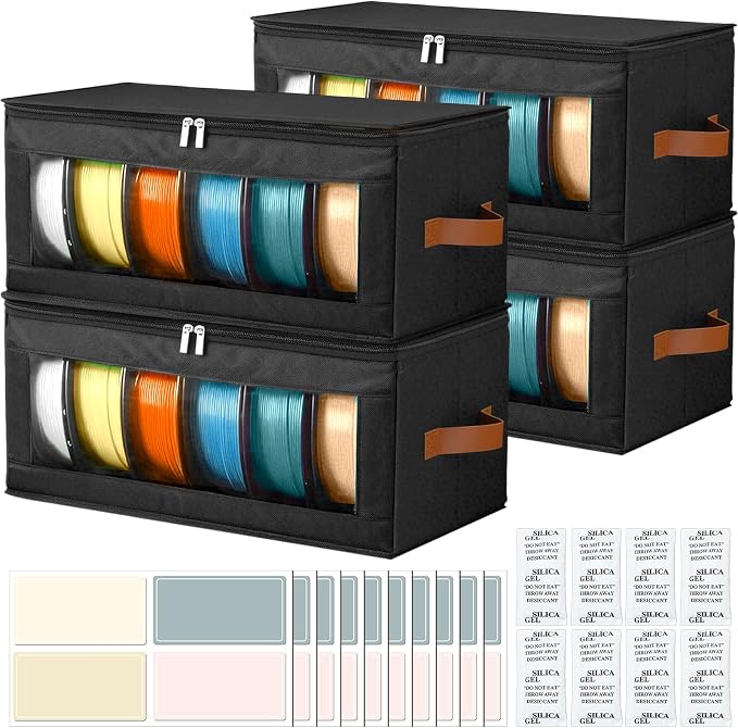 4 Pack Foldable Filament Storage Box, 3D Printer Filament Containers with Transparent Window, Desiccants & Labels, Holds 24 Rolls, Water-Resistant Organizer for Home Office Workshop Studio