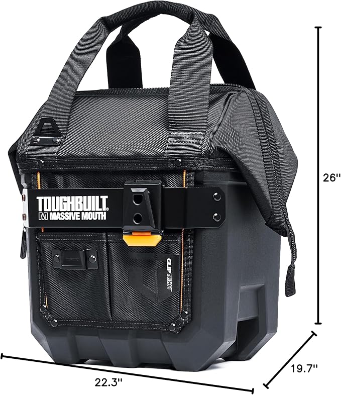 ToughBuilt ClipTech Series – Massive Mouth 12" Tool Bag, Wide-Opening Hard Body Design with 25 Pockets, Waterproof Base & Shoulder Strap (TBL-CT-62-12)