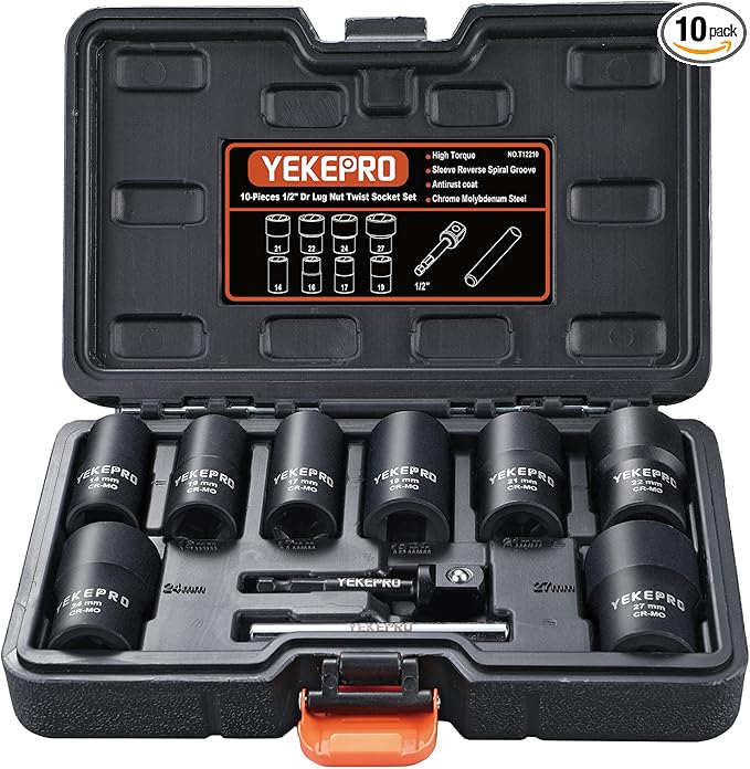 10Pcs Bolt Nut Extractor Set, 1/2" Drive Impact Twist Lug Nut Removal Socket Tool, Stripped For Damaged, Frozen, Studs, Rusted, Rounded-Off Bolts, Nuts & Screws, Cr-Mo Steel, T12210