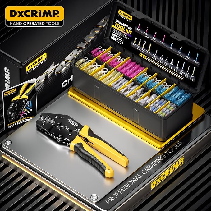 Crimping Tool Kit with Heat Shrink Connectors & Solder Seal Wire Connectors - 20 Types Marine Grade Electrical Terminals (24-10 AWG) - Ring, Butt Splices & End Caps for Auto Boat Wiring