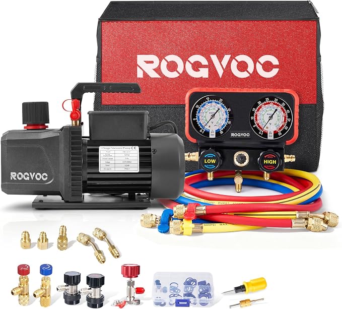 5 CFM AC Vacuum Pump and Manifold Gauge Set, 110V 1/2 HP Single Stage Rotary Vane Air Vacuum Pump HVAC for R12, R22, R410a, R134a AC Refrigerant Recharging with Carry Bag