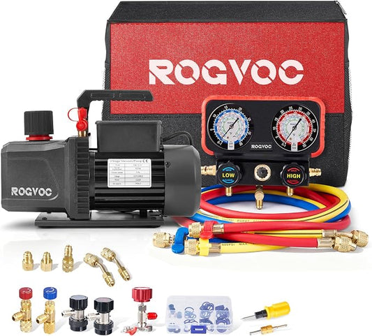 5 CFM AC Vacuum Pump and Manifold Gauge Set, 110V 1/2 HP Single Stage Rotary Vane Air Vacuum Pump HVAC for R12, R22, R410a, R134a AC Refrigerant Recharging with Carry Bag
