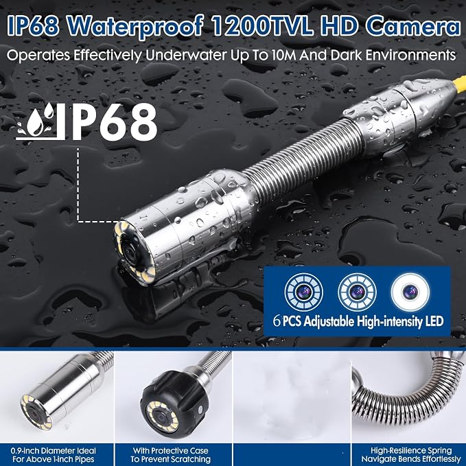 Pipe Snake Sewer Camera 100ft,Waterproof 16GB DVR JQKJCAM 0.67in/17mm Plumbing Borescope Camera for Drain Hole Wall Inspection, Cable wtih Length Marks (30M)