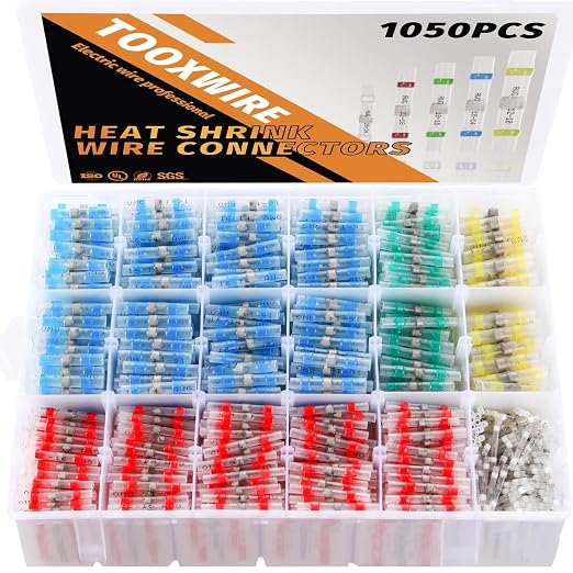 1050PCS Solder Seal Wire Connectors, Heat Shrink Wire Connectors Kit, Waterproof Heat Shrink Butt Connectors for Marine Automotive Boat Truck RV Wiring, AWG 26-10, 5 Sizes