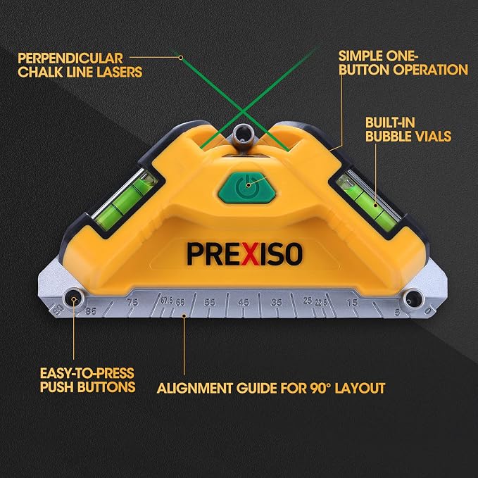PREXISO Square Laser-65Ft Green Beam Floor Tile Laser Level & PREXISO Multi Surface Laser Level LED Light Vial, 30Ft Horizontal and Vertical Line Laser