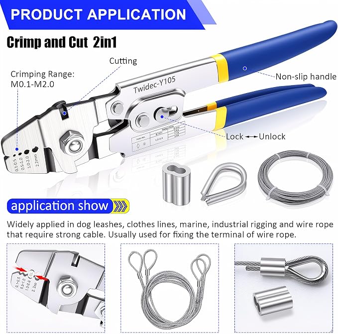 Twidec/Wire Rope Crimping Tool Up To 2.2mm With 240PCS 1/16''Aluminum Crimping Loop Sleeve And 165FT 1/16'' 304 stainless steel Wires Rope 20PCS Wire Thimbles And Wire Rope Cable Cutter Kit