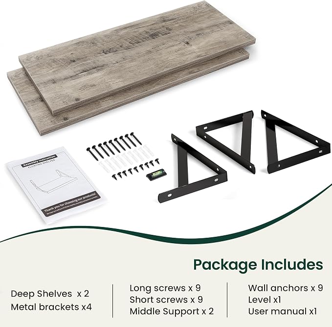 Floating Shelves 12 Inch Deep, 36W x 12D Wall Shelf Set of 2, 60 lbs Heavy Duty Reversible Metal Brackets, Deep Industrial Book Shelf for Living Room Kitchen Bath Bedroom Coffee Bar, Grey