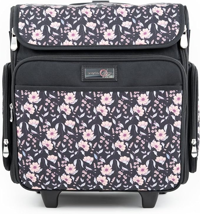 Everything Mary Rolling Scrapbook Tote – Black & Floral Trim Foldable Craft Organizer Tote for Scrapbooking Supplies, Art Tools, Paper & Accessories – Portable Storage Bag