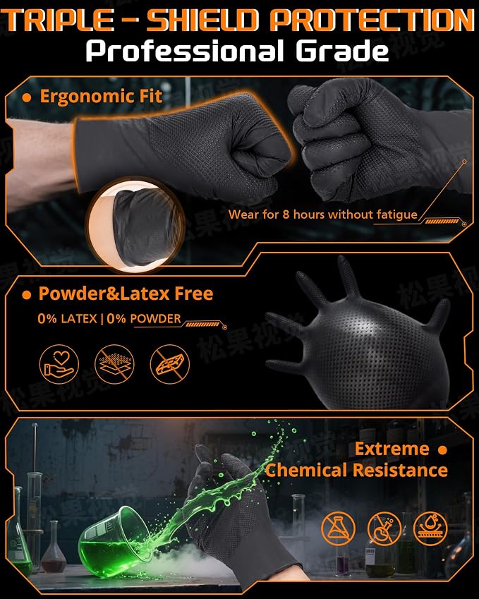 nitroshield 9mil Heavy Duty Disposable Nitrile Gloves, Black Medium 800Pcs -Chemical Resistant, Latex Powder Free Rubber Gloves Diamond Texture for Automotive, Mechanics, Cooking,BBQ, Industrial Use
