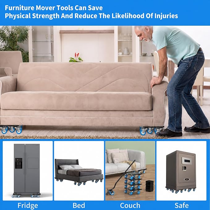 Upgraded Heavy Duty Furniture Dolly 360° Rotating 5 Blue Wheels, Alloy Steel Furniture Movers Up to 3748 lbs/1700 Kg Load Capacity with Measure Tape and Leveler (8.6x7.8 in)