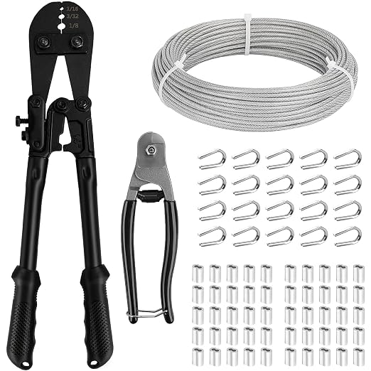 TooTaci 1/8" Wire Rope Kit with 100ft Vinyl Coated Stainless Steel Cable, Wire Rope Crimping Tool & Cutter, Metal Wires for Garden Trellis, Clothesline, String Lights Hanging, Curtain