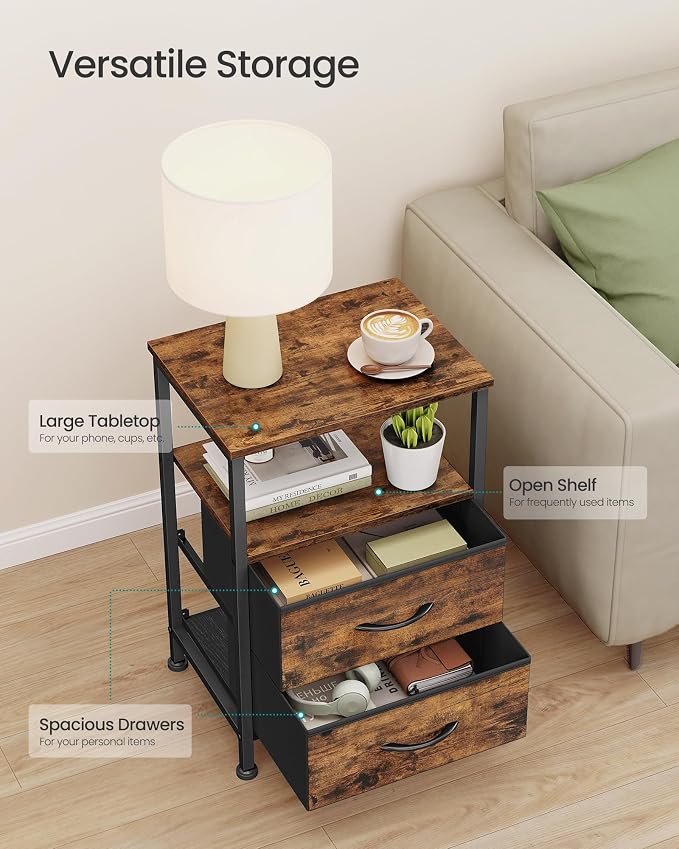 SONGMICS Nightstand, Bed Side Table, End Table with 2 Drawers and 1 Open Shelf, Industrial, Set of 2, Rustic Brown, BELLAH Collection ULGS062K101S