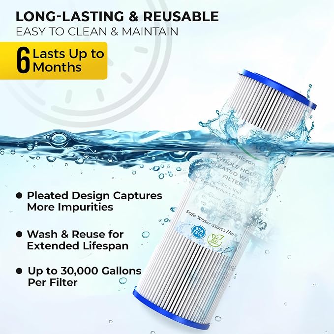 10" x 4.5" 5 Micron Whole House Pleated Sediment Filter for Well Water – Replacement Cartridge for GE FXHSC, Culligan R50-BBSA, Pentek R50-BB, DuPont WFHDC3001, W50PEHD, GXWH40L (10 x 4.5in, 2, Count)