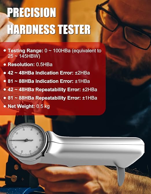 Barcol Hardness Tester Metal Hardness Tester 4-in-1 Dial Hardness Tester with HB HR HV HW Systems Portable Hardness Tester for Aluminum, Aluminum alloys, Copper, Copper alloys (Model HT10)