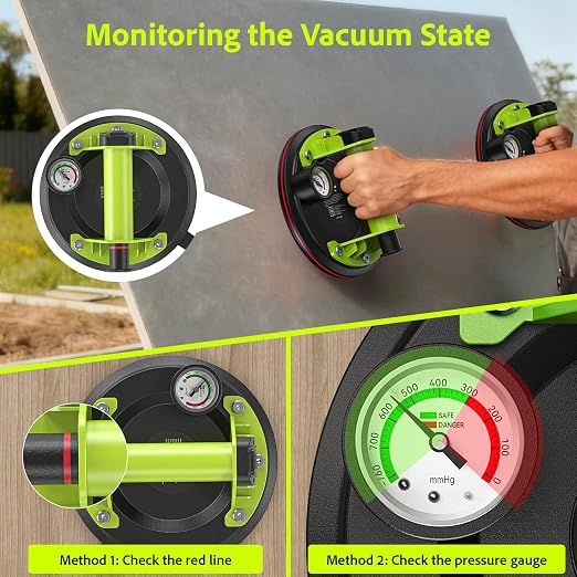 TaskStar Glass Suction Cups to Lift Large Glass: 8" Tile Suction Cup Tool with Pressure Gauge, 450 LBS Max Load, Heavy Duty Vacuum Lifter for Contractor/Tiler/Stone Installer/DIYer