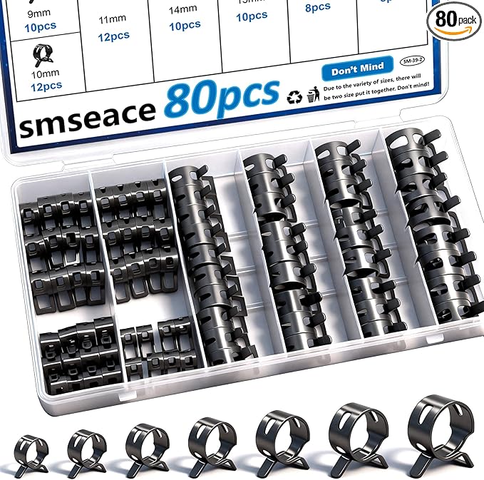 smseace Spring Hose Clamp Assortment kit 7-18mm 8-sizes Constant Tension Hose Clamp used for Fuel Line，Vacuum Hose，Air Hose Spring Band Hose Clamp Kit