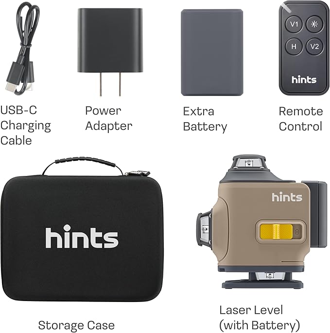 Hints 4D Laser Level Self-Leveling 4x360°, 4 Beams, 100Ft, ±1/12" Accuracy, IP54, Outdoor Pulse Mode, Remote and Gesture Control, Type-C Chargin, Storage Case and Extra Li-ion Battery included