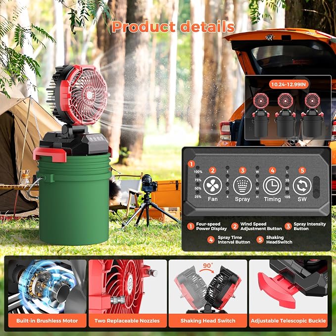 Portable Misting Fan, 30000mAh Rechargeable Battery Powered Floor Cooling Fan with 4 Strong Winds, 4 Spray Mister, Adjustable Base for 10-13in Bucket for Camping, Beach, Patio (Red, Medium)