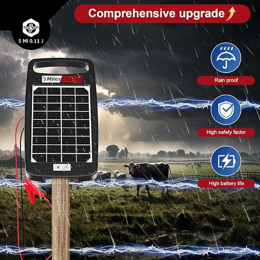5 Miles Solar Powered Electric Fence Charger – 0.11J Output, 24/7 Day/Night Protection, Portable Fence Energizer for Dogs, Chickens, Garden & Livestock, Rechargeable Solar Panel, Rugged & Waterproof