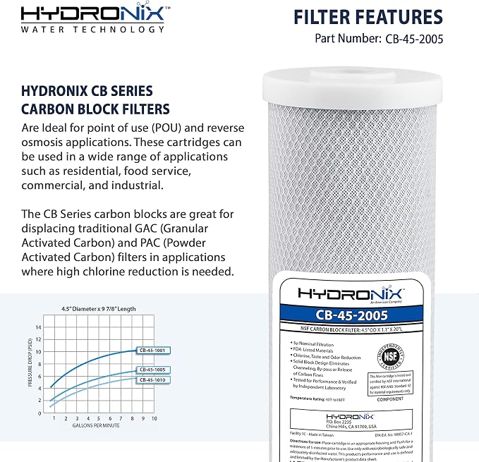 Hydronix CB-45-2005 Whole House, Commercial & Industrial NSF Coconut Carbon Block Water Filter, 4.5" x 20" - 5 Micron