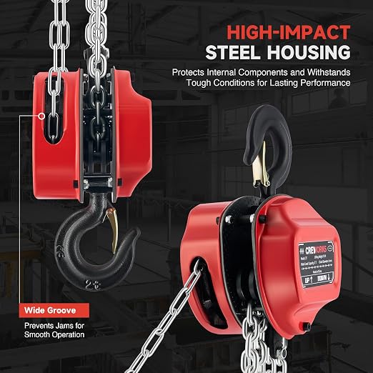 CREWORKS Hand Chain Hoist, 2 Ton 4400 lb Capacity 10 ft Manual Chain Hoist with G80 Load Chain & Double Guide Wheels, Heavy Duty Manual Lever Hoist for Construction Warehouse Automotive Factory