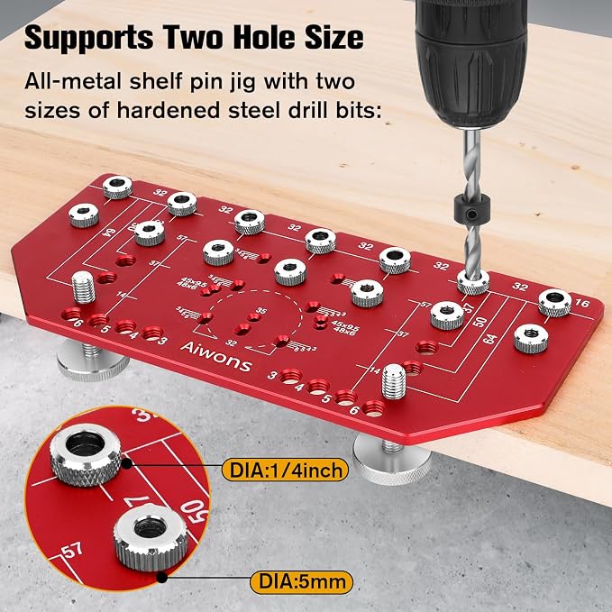 Shelf Pin Jig and Hinge Jig 2-in-1 - Aluminum Alloy Cabinet Hole Drilling Template For Woodworking - Shelf Pin Drilling Jig with 1/4" and 5mm Drill Bits - Concealed Hinge Jig for Cabinet Doors