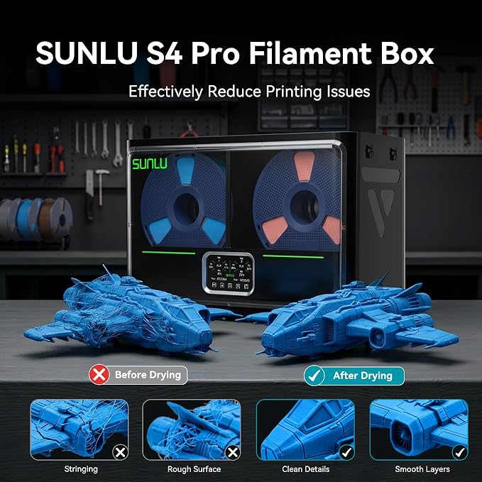 SUNLU S4 Pro 3D Printer Filament Dryer Box, Upgrade Filadryer S4 (Black) | Dual-Chamber Independent Heating, 85℃ Max Temperature, Dry and Anneal 2-in-1, PLA ABS PETG PA PC Filament Dryer Box
