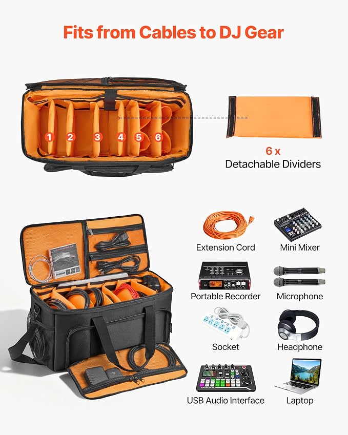 VEVOR Rolling DJ Cable Bag, 1680D, Padded File Gig Bag with Wheels, 6 Detachable Divider, Travel Storage Music Gear Case, for Professional DJ Gear, Musical Instrument and Accessories, Sound Equipment