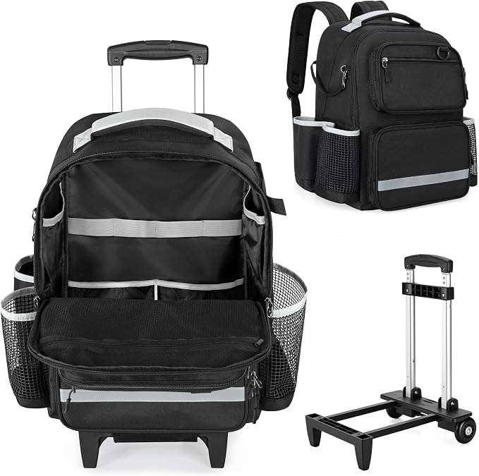 HODRANT Large Rolling Cleaning Backpack with Detachable Trolley & Waterproof Bottom, Cleaning Supplies Bag with Handle & Support Plate, Cleaner Caddy Organizer for Car Wash & Housekeeping Tool Storage