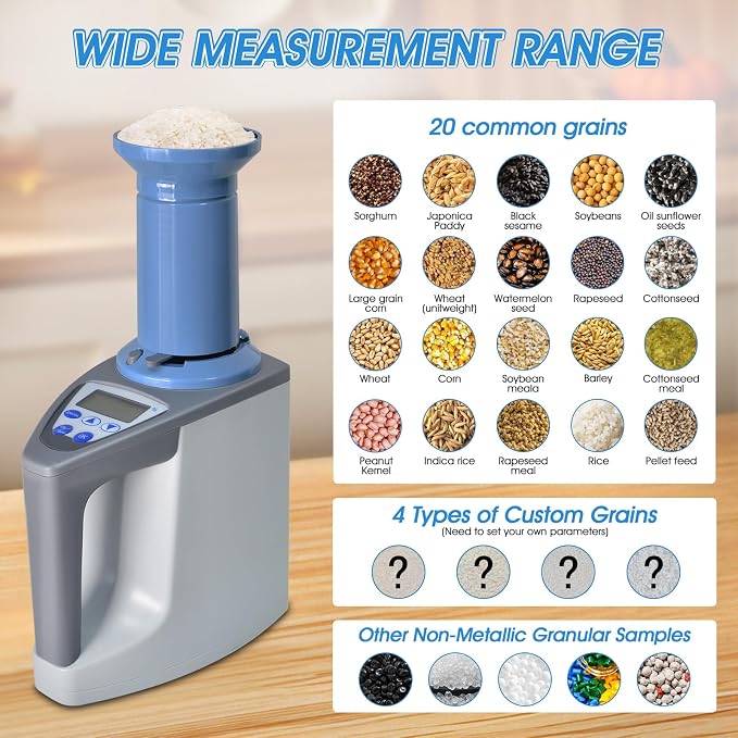 Pro Grain Moisture Meter, Smart Moisture Tester for 24 Grains, Digital Grain Seed Moisture Reader Measures Weight, Capacity, Density, Temperature, Wheat, Corn, Rice, Crop Moisture Detector