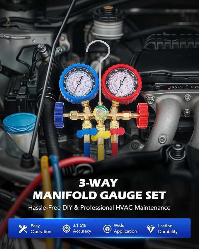 Orion Motor Tech AC Manifold Gauge Set for R134a R12 R502 Refrigerant & A2L Vacuum Pump, Bundle