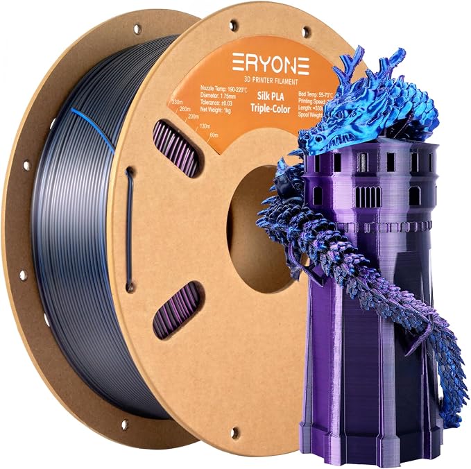 ERYONE Silk Tri Color PLA Filament 3D Printer 1.75mm +/- 0.03mm, Multicolor Filament Tricolor PLA 1KG(2.2lbs) Cardboard Spool, Blue Purple Black