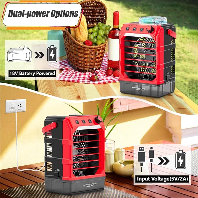 Rozlchar Portable Misting Fan Compatible for Milwaukee 18V Battery, Jobsite Cooling Fan with 1.6L Tank, Stepless Speed & 8H Timer, LED Light, Quiet Airflow for Construction, Camping, Beach(Tool Only)