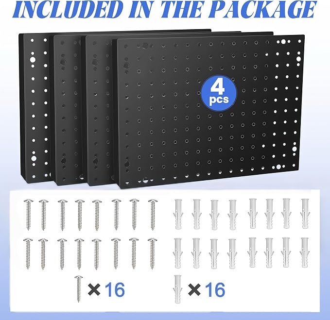 Heavy Duty Steel 4 Panel Metal Peg Board, Wall Pegs for Garage Organization, Garden Tools Storage (Black,32" X 24")