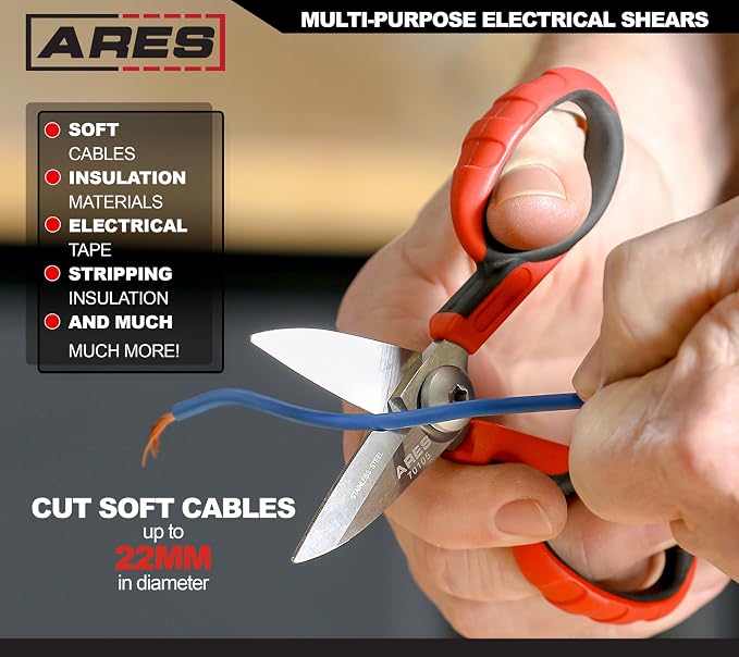 ARES 70105-5 1/2-Inch Multi-Purpose Heavy Duty Shears - Finely Serrated High Carbon Stainless Steel Blades - Cuts Wire, Insulation, Soft Cable and More