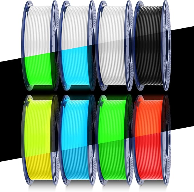 SUNLU Glow in Dark PLA Bundle, Neatly Wound Luminous PLA 3D Printer Filament 1.75mm, Dimensional Accuracy +/- 0.02mm, 250g Spool 8 Packs. (Black White with 6 Spools of Glowing Blue/Green/Red/Yellow)