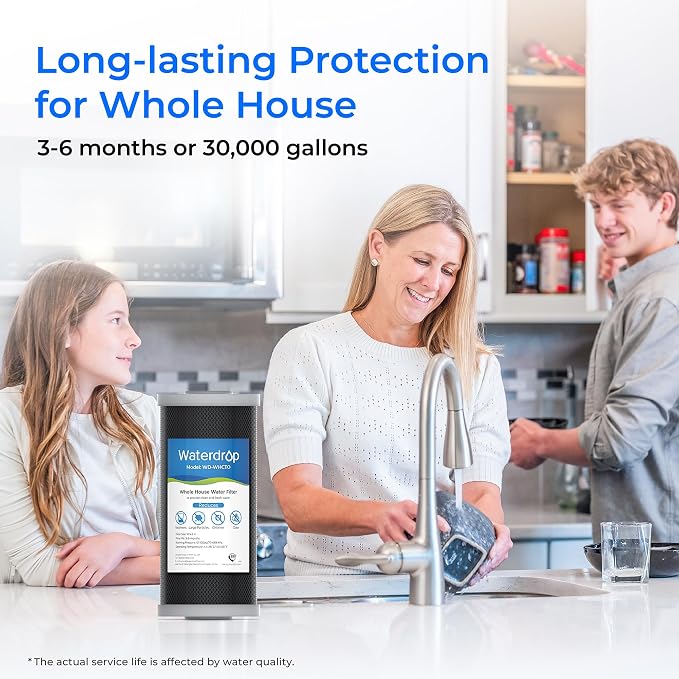 Waterdrop Whole House CTO Carbon Sediment Water Filter Cartridge Replacement for GE® FXHTC, GXWH40L, W10-PR, Culligan® RFC-BBSA,10"X4.5", 5 Micron, 3Pack