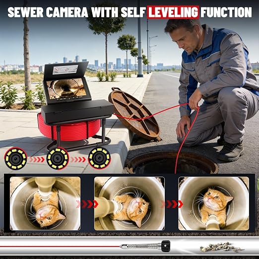 Sewer Camera Self-Leveling,100FT/30M Pipe Drain Inspection Camera with 7" 1080P HD Screen, Snake Plumbing Cameras with 9 LED Lights, IP68, 32GB Card, DVR Recording, for Duct Sewer Line Pipe Inspection