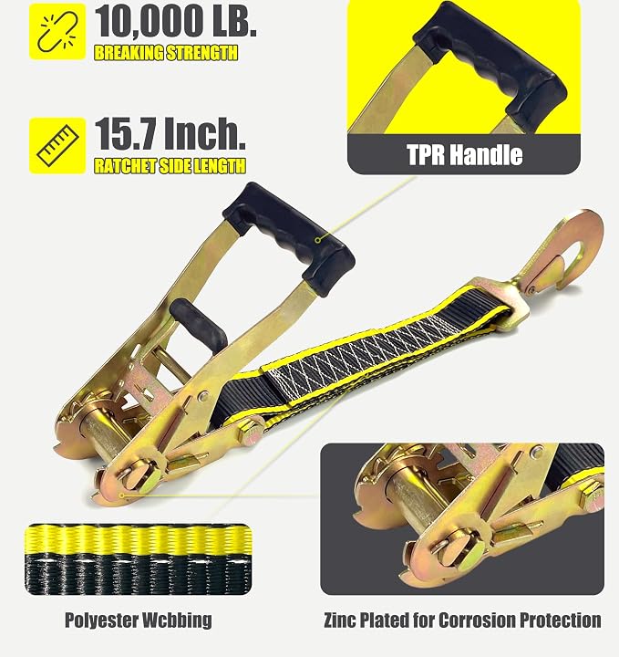 KJE Heavy Duty Car Trailer Tie Down Straps with Reflective - (4) 2" x 10' Ratchet Straps with Snap Hooks, (4) Axle Straps 2" x 36'' - 10,000lbs Break Strength - Use for Car, Truck, UTV Transport