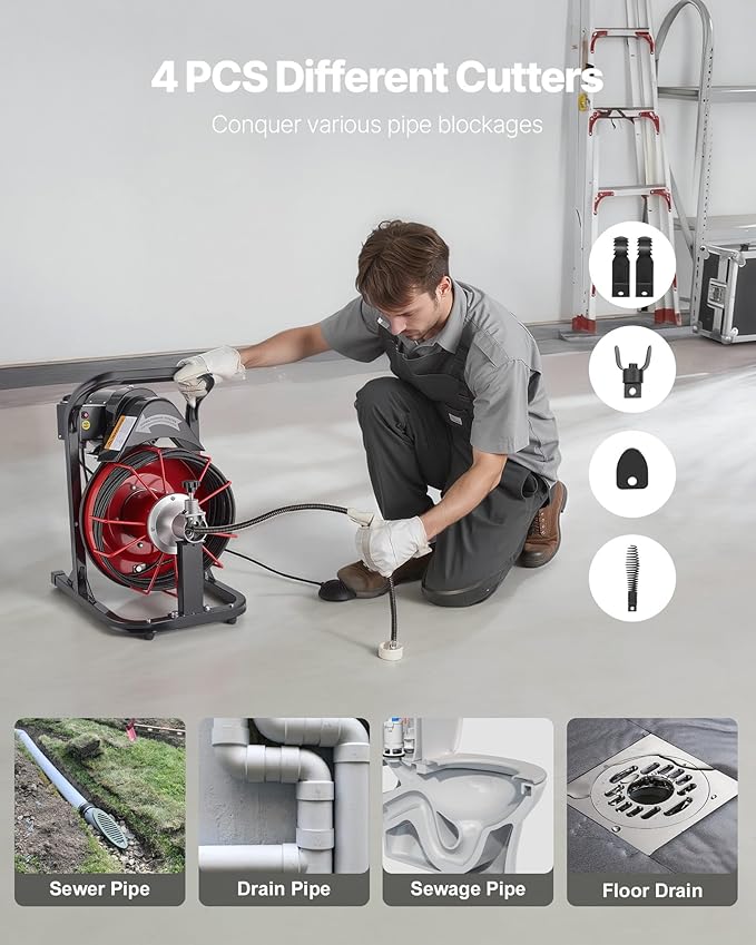 VEVOR Drain Cleaner Machine 50 FT x 5/16 Inch, Auto Feed Sewer Snake Auger with 4 Cutters & Air-Activated Foot Switch for 2" to 4" Pipes