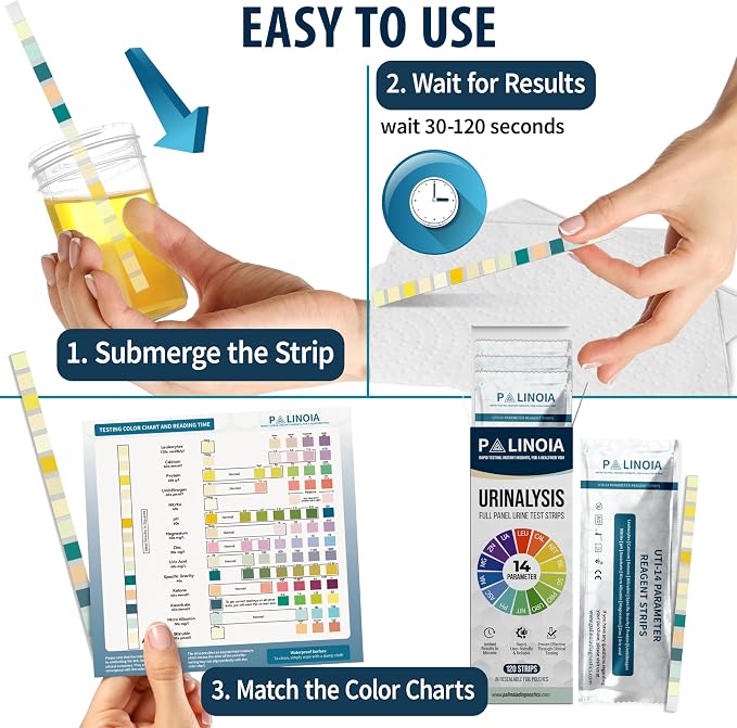 14-in-1 Full Panel Urine Test Strips for Urinalysis | 120 Strips in Resealable Pouches – Test for Kidney Health, Liver Function, UTI, Ketosis, Hydration, and Protein Levels