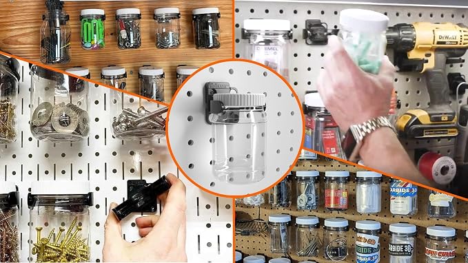 Pegboard Jars with Lids, 12-Pack of Large 16oz Clear Plastic Containers, Secure Easy Mounting | Peg Board Storage and Organization Kit for Home, Office, Pantry, Garage, Arts & Crafts
