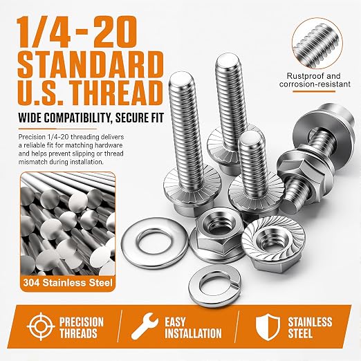 mankk 260PCS Flange Head Bolts Assortment Kit 1/4-20 x (1/2",5/8",3/4",1",1-1/4") 304 Stainless Steel SAE Flange Hexagon Screws and Serrated Flange Nuts Kit