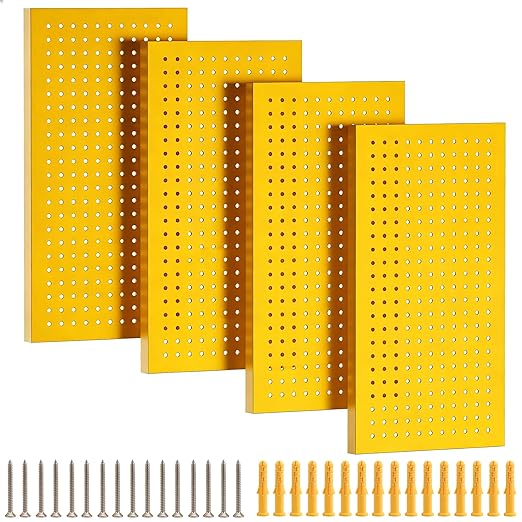 Metal Peg Board Panels 4 Pack, 24" x 12", Black, Yellow | Heavy Duty Rust-Proof Wall Board Panels, Sturdy Steel Storage Pegboard for Garage, Workshop & Craft Room Organizer