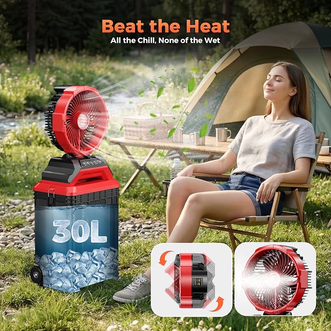 Portable Misting Fan with 30L Water Tank, 2-in-1 Rolling Mist Fan with Wheels, 30000mAh Rechargeable Battery Operated Cooling Station with Remote for Golf Cart, Patio, Camping, Outside & Travel