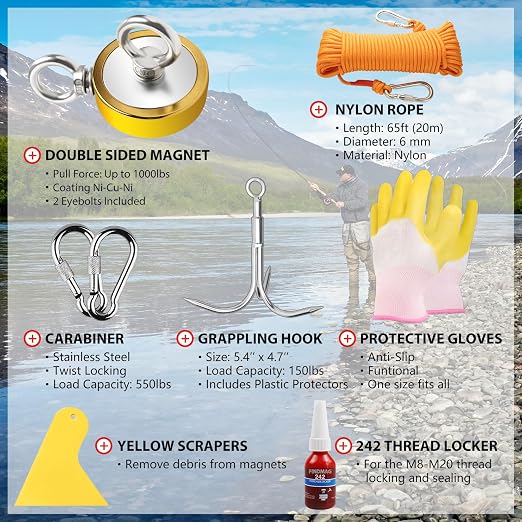 FINDMAG Double Sided 1000 lbs Pulling Force Magnet Fishing Kit with Case, 2.95" Diameter Fishing Magnets Perfect for Retrieving Items, Magnet Tool, Gift-Ready Packaging