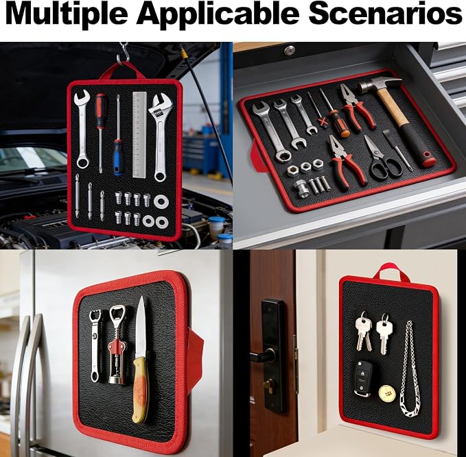 Flexible Magnetic Tool Mat with handles, 12.8" x9.5" Non-Slip Magnetic Tool Organizer & &Telescoping Magnetic Tool, Magnetic Tool Mat for Mechanics, Garage, Workshop & Auto Repair(Red)
