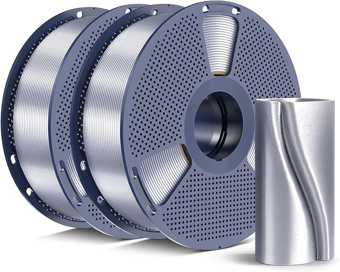 SUNLU Silk PLA+ Filament 1.75mm, Chrome Like Gloss Finish, Smooth Silk Texture, Upgraded Formula for Stable Printing, 2kg(4.4lbs) PLA Plus 3D Printer Filament, Silver+Silver