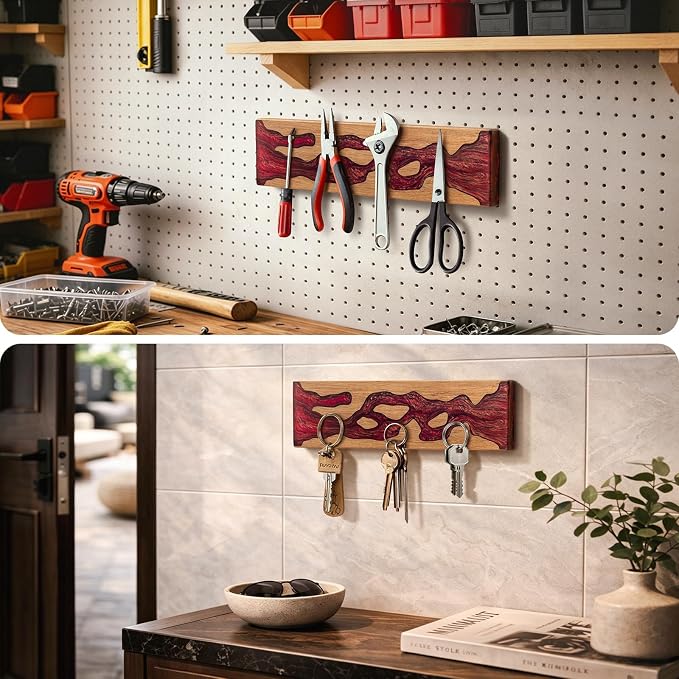 FINDKING Magnetic Knife Strip for Wall, Solid Acacia Wood with Deep Red Resin Inlay, Wall-Mounted Knife Holder with Strong Magnetic Hold, No-Drill Adhesive Mount (12 Inch)